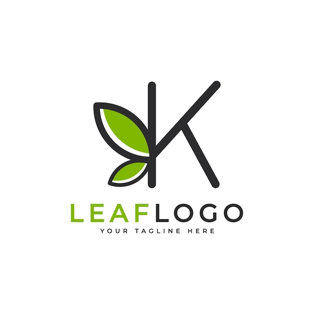 Initial Letter K Logo Black Shape Linear Style Linked with Green Leaf Symbol Usable for Business