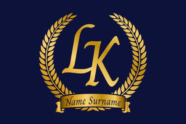 Vector initial letter l and k lk monogram logo design with laurel wreath luxury golden calligraphy font