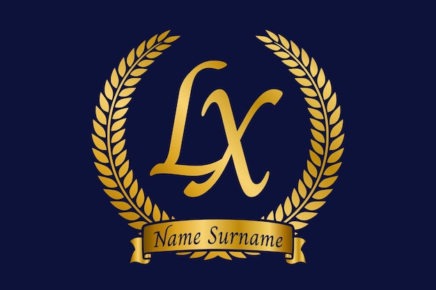 Vettore iniziale lettera l e x lx monogramma logo design con ghirlanda di alloro carattere calligrafica dorata di lusso