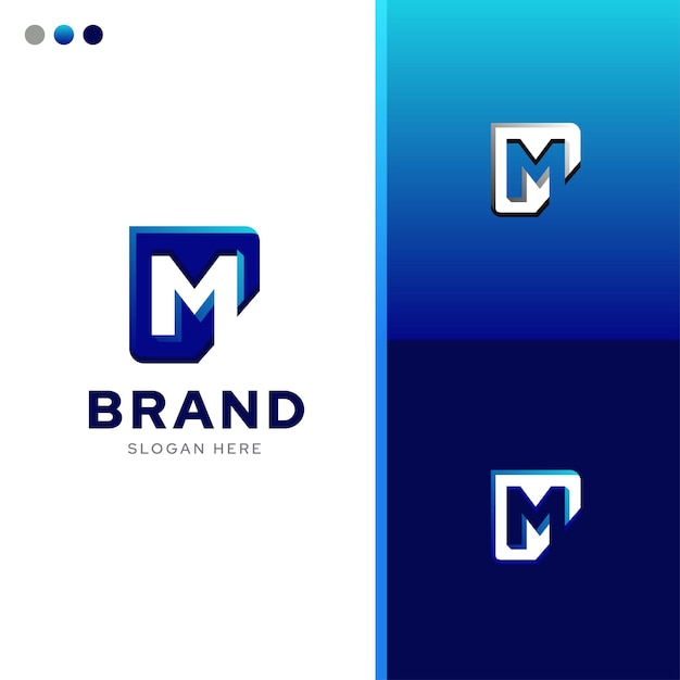 Initial letter m negative space digital creative concept logo design idea template vector with blue tricolor combination