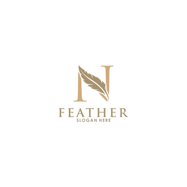 Initial letter N logo with Feather Luxury gold Initial Feather Logo template