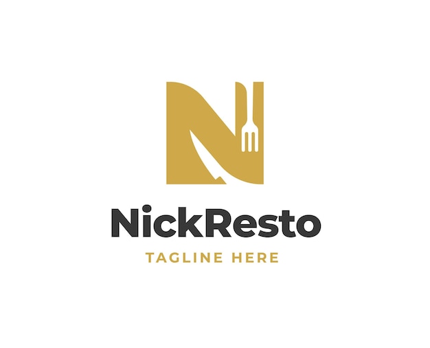 ベクトル レストランのロゴのフォークとナイフのアイコンが付いた頭文字 n のロゴ