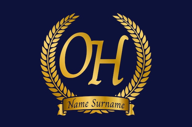 Initial letter O and H OH monogram logo design with laurel wreath Luxury golden calligraphy font