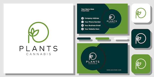 Initial letter p green leaf fresh plants with business card template