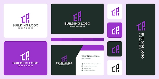 Initial letter P and house building logo with business card.