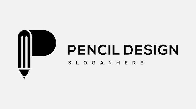연필 로고 디자인 아이콘 템플릿 요소가 있는 초기 문자 P