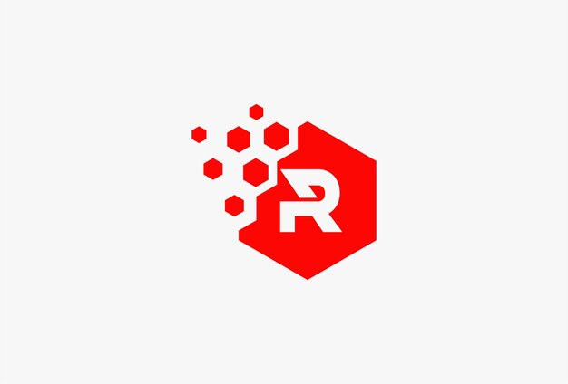 ベクトル 頭文字 r のロゴ、文字 r の中に六角形の粒子、フラットなデザインのロゴのテンプレート