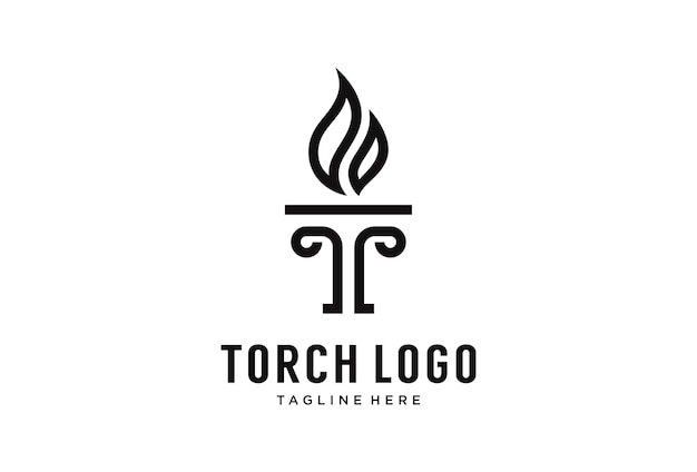 Initial Letter T Burning Torch Fire Flame with Pillar column logo design template