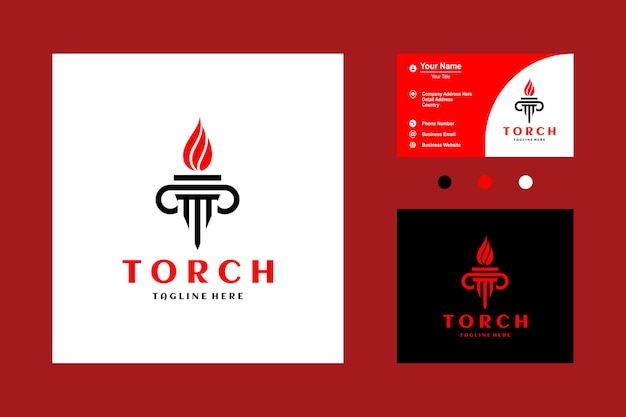 Initial Letter T Burning Torch Fire Flame with Pillar Column Logo Icon Vector Design Inspiration