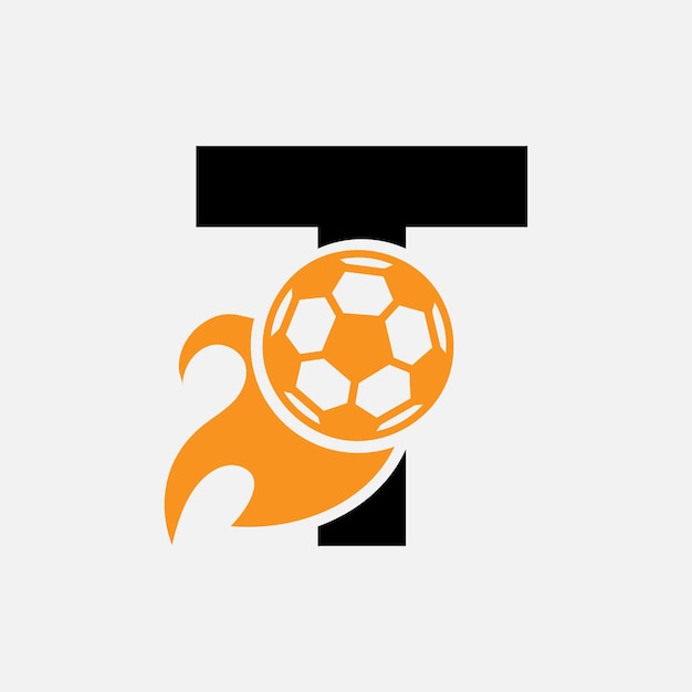 Initial Letter T Football Logo Concept With Moving Football Icon and Fire symbol. Soccer Logotype