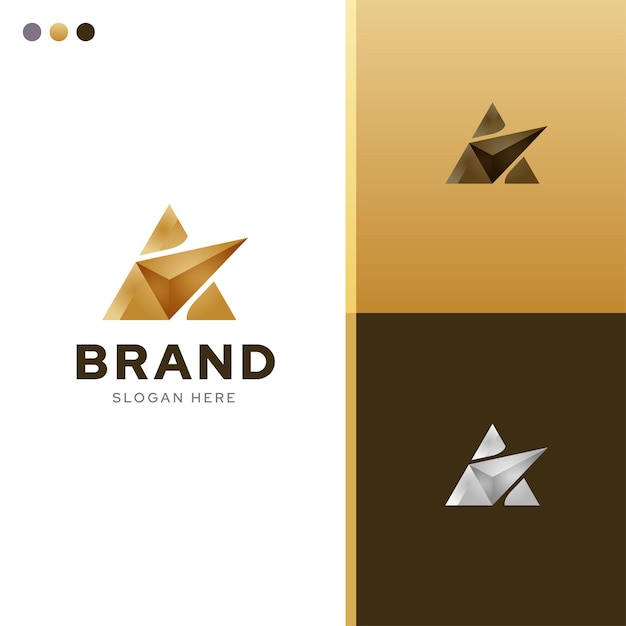 Lettera iniziale a triangolo concetto logo design idea modello vettoriale con combinazione di colori elegante oro lusso premium brand identity