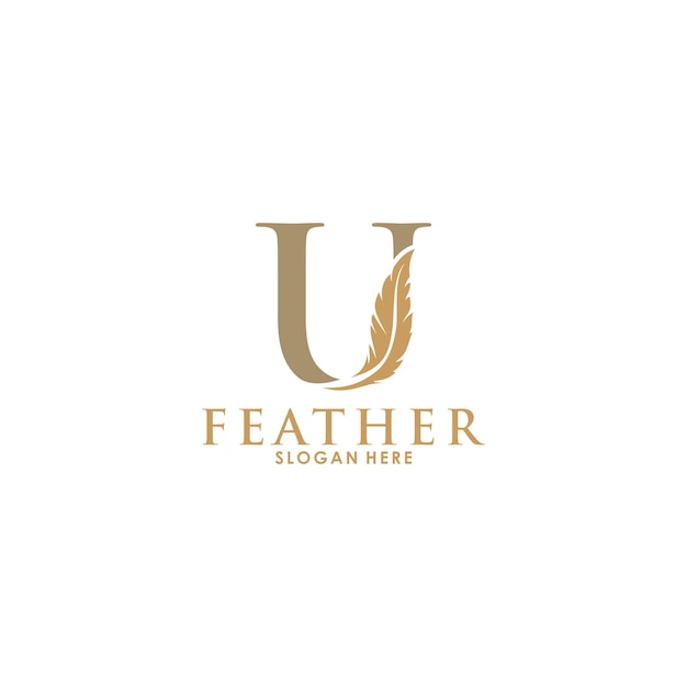 Вектор Первоначальный логотип буквы u с золотым пером feather luxury. шаблон логотипа начального пера