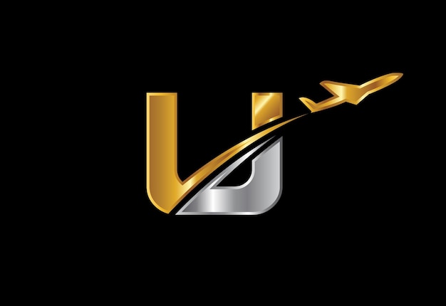 Initial letter U with airplane Logo Design. Airline, airplane, aviation, travel logo template.