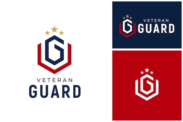 Initial letter v g gv vg with hexagon shape and stars for veteran military army logo design