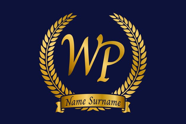 Vector initial letter w and p wp monogram logo design with laurel wreath luxury golden calligraphy font