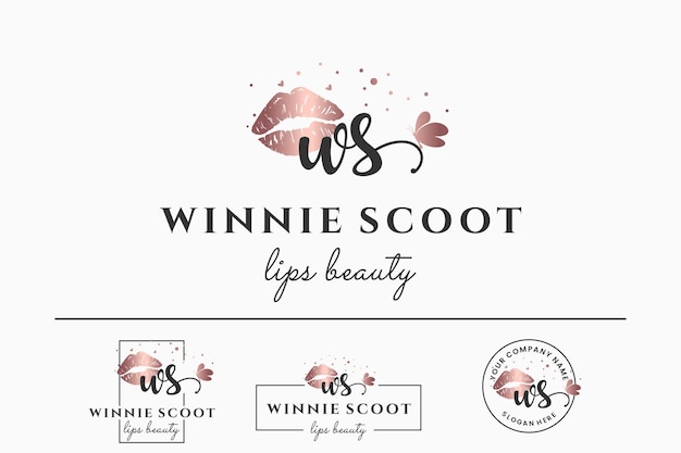 Lettera iniziale ws w logo per la collezione di disegni vettoriali per il trucco del rossetto con labbra baciate