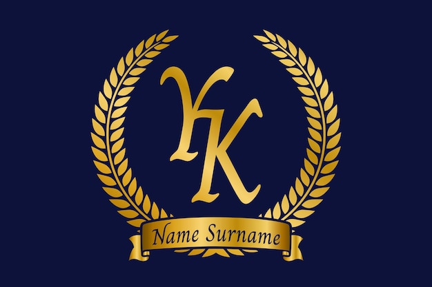 Iniziale lettera y e k monogramma yk logo design con ghirlanda di alloro carattere calligrafico dorato di lusso