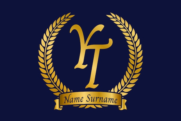 Initial letter Y and T YT monogram logo design with laurel wreath Luxury golden calligraphy font