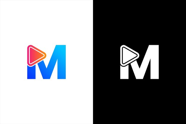 Первоначальная буква M Media Logo M с кнопкой воспроизведения. Подходит для логотипов брендов и компаний. Плоский дизайн.