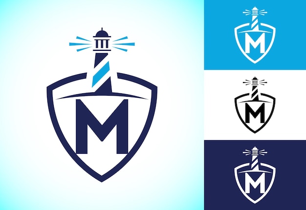 Initial M monogram alphabet in a shield with the lighthouse Harbor logo Font emblem