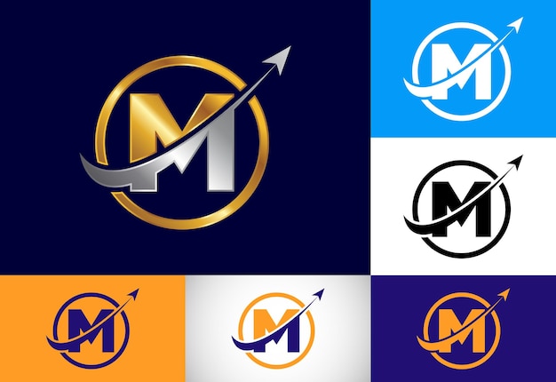 Начальный дизайн символа монограммы М, объединенный со стрелкой Концепция логотипа финансов или успеха Эмблема шрифта Логотип для бухгалтерского учета и фирменного стиля компании