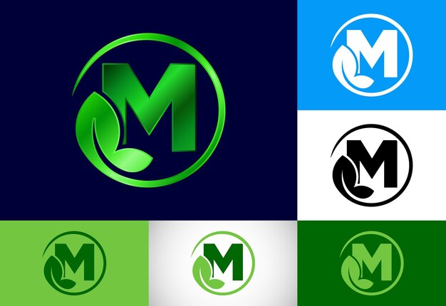 Initial M monogram alphabet with leaf Ecofriendly logo concept Font emblem Modern vector logo for ecological business and company identity