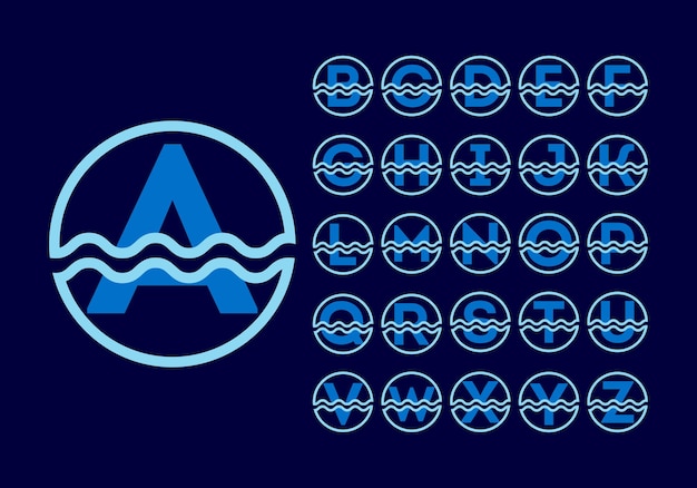 Alfabeto monogramma iniziale in un cerchio con onde d'acqua design del logo dell'onda d'acqua