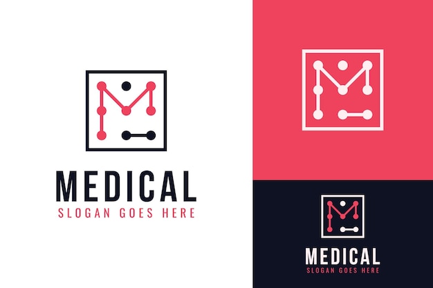 Vector initial monogram m voor medic medical medicine molecule met cel in box square frame logo design branding template