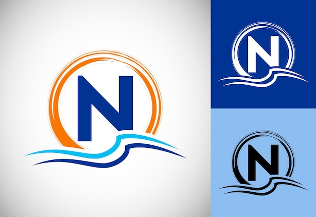 Начальная буква монограммы N с водными океанскими волнами и концепцией дизайна логотипа Sun Beach