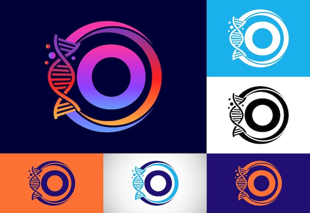 DNAと円の最初のOモノグラムアルファベット。遺伝学のロゴデザインコンセプト。医学、科学、実験室、ビジネス、および企業のアイデンティティのロゴ