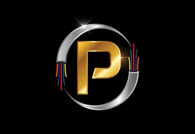 Initial P monogram letter alphabet with electric wire, optical fiber cable. Font emblem.