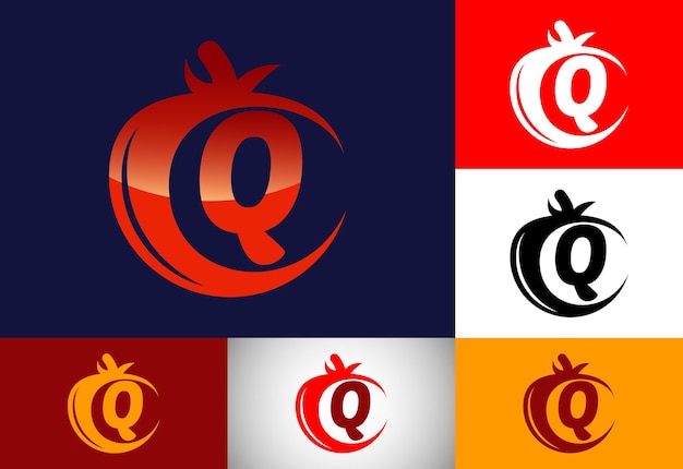 토마토가 있는 초기 Q 모노그램 알파벳입니다. 토마토 로고 디자인 템플릿입니다. 글꼴 엠블럼. 유기농 식품