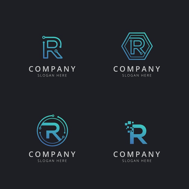 Vector initial r logo with technology elements in blue color