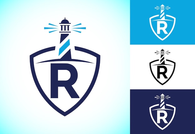 Initial R monogram alphabet in a shield with the lighthouse Harbor logo Font emblem