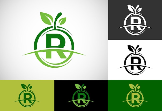 Начальный алфавит монограммы R с абстрактным логотипом яблока Вектор дизайна логотипа здоровой пищи