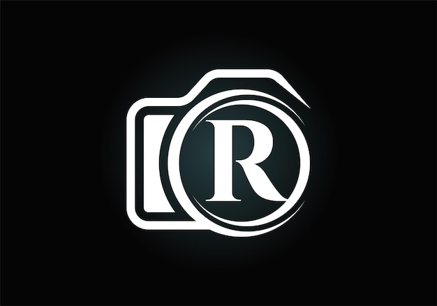 Alfabeto della lettera del monogramma r iniziale con l'icona della fotocamera illustrazione vettoriale del logo della fotografia