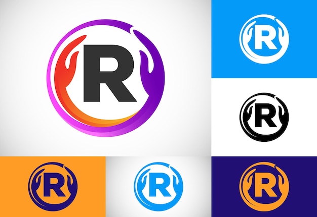 Начальная буква монограммы R с безопасными руками Профессиональная благотворительная командная работа и дизайн логотипа фонда
