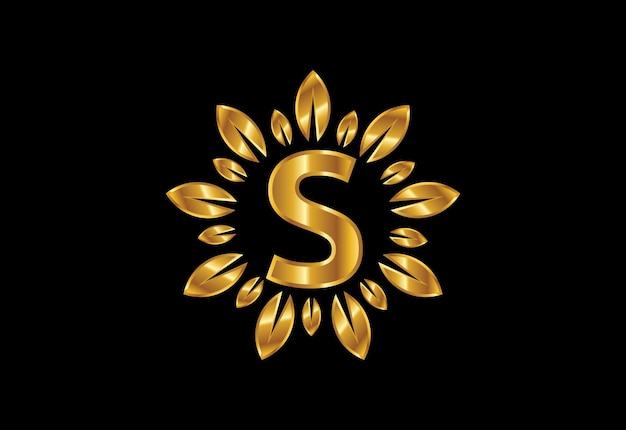 Initial S monogram letter alphabet with golden leaf wreath.Flower logo design concept