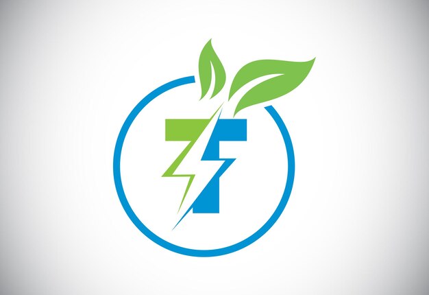 Initial T letter thunderbolt leaf circle or eco energy saver icon Leaf and thunderbolt icon concept for nature power electric logo