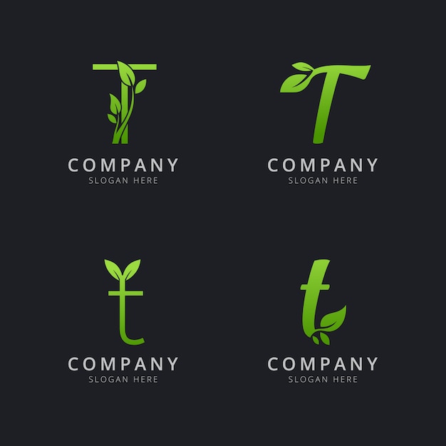 Initial t logo with leaf elements in green color