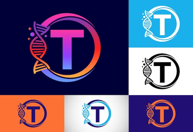 DNAと円の最初のTモノグラムアルファベット。遺伝学のロゴデザインコンセプト。医学、科学、実験室、ビジネス、および企業のアイデンティティのロゴ