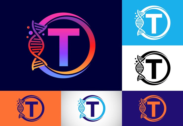 वेक्टर initial t monogram alphabet in a circle with dna. genetics logo design concept. logo for medicine, science, laboratory, business, and company identity