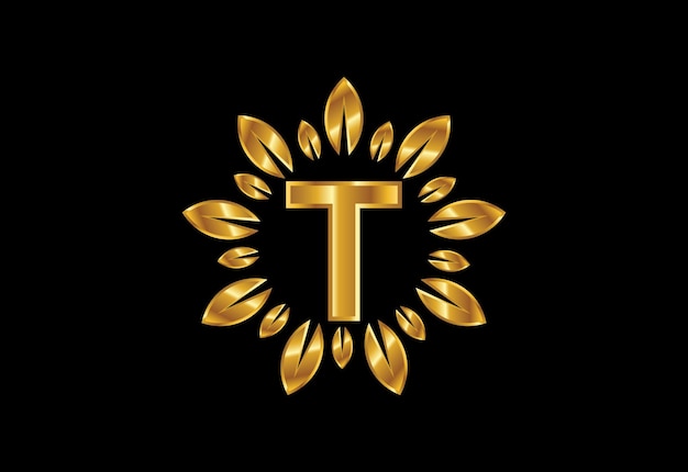 Initial T monogram letter alphabet with golden leaf wreath.Flower logo design concept