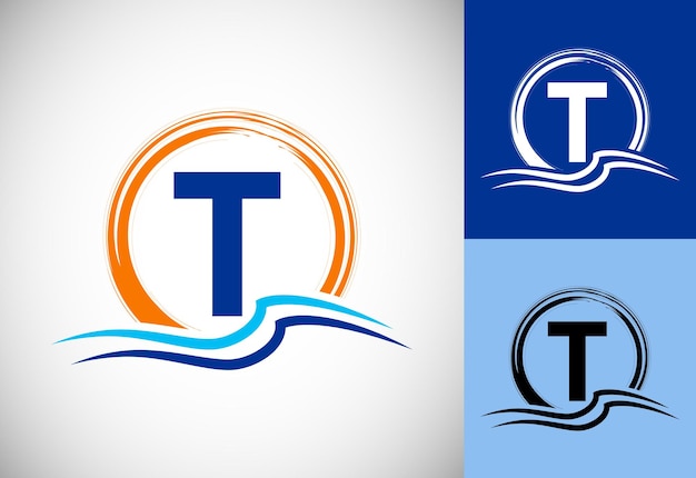 Initial T monogram letter with water ocean waves and the sun Beach logo design concept