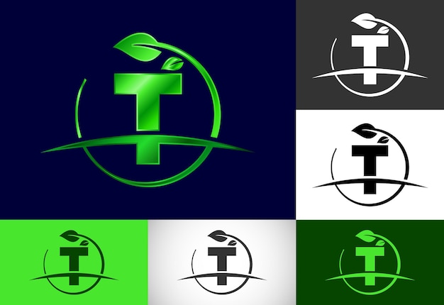 Initial Tmonogram alphabet with circle leaf and swoosh Ecofriendly logo concept Modern vector logo for ecological business and company identity