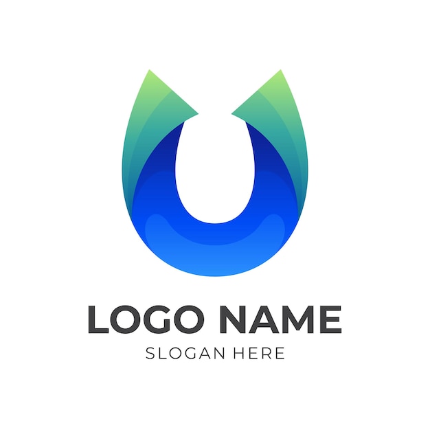 Первоначальный дизайн логотипа U с 3D-синим и зеленым цветовым стилем