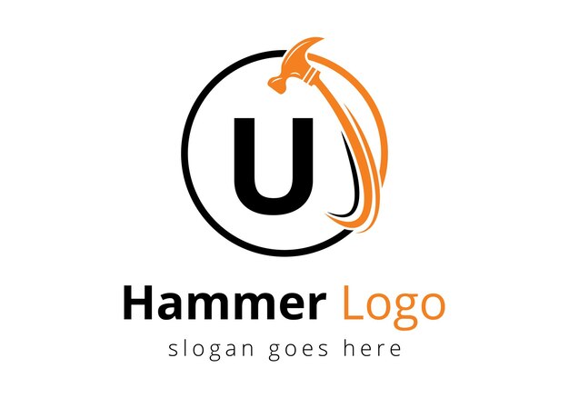 Vettore iniziale u monogramma lettera alfabeto con un concept di logo hammer per la construction woodworking company