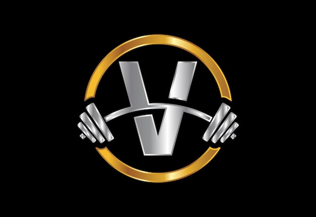 Вензель буква V со штангой. Векторный дизайн логотипа. Векторный логотип для бодибилдинга.