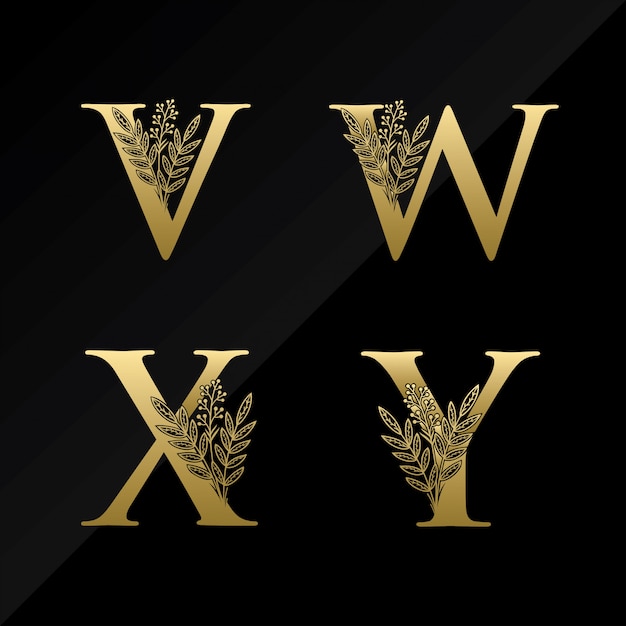 Vector initial v w x y letter logo with simple flower in gold color