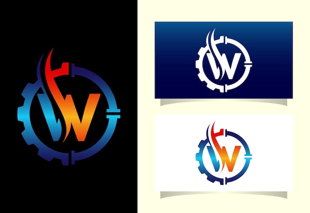 Initial W monogram alphabet with gear pipe and flame Oil and gas logo concept Font emblem